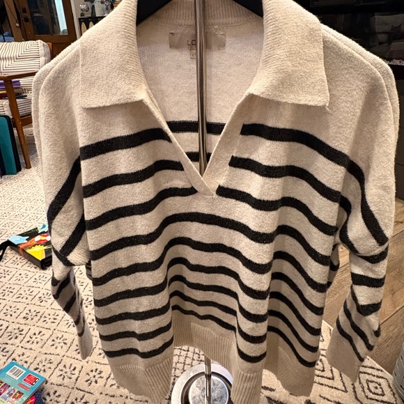 LOFT Sweaters - LOFT Cream and Black Striped V-Neck Sweater